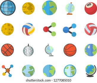 Color flat icon set earth flat vector, molecules, moon, globe, bowling ball, basketball, volleyball, fector, disco