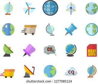 Color flat icon set earth flat vector, carbon dioxide, satellite antenna, SIM card, express delivery, globe, windmill, fector, drawing pin