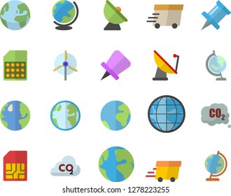 Color flat icon set earth flat vector, carbon dioxide, satellite antenna, SIM card, express delivery, globe, windmill, fector, drawing pin