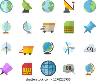 Color flat icon set earth flat vector, carbon dioxide, satellite antenna, SIM card, express delivery, globe, windmill, fector, drawing pin