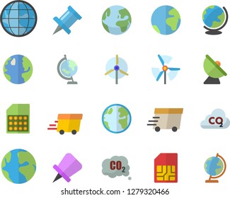 Color flat icon set earth flat vector, carbon dioxide, satellite antenna, SIM card, express delivery, globe, windmill, fector, drawing pin