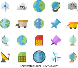 Color flat icon set earth flat vector, carbon dioxide, satellite antenna, SIM card, express delivery, globe, windmill, fector, drawing pin
