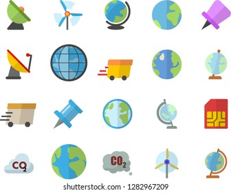 Color flat icon set earth flat vector, carbon dioxide, satellite antenna, SIM card, express delivery, globe, windmill, fector, drawing pin