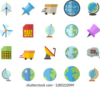 Color flat icon set earth flat vector, carbon dioxide, satellite antenna, SIM card, express delivery, globe, windmill, fector, drawing pin