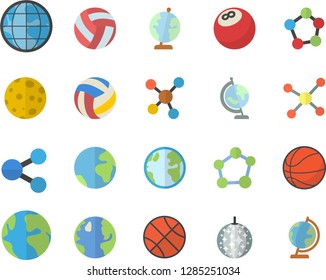 Color flat icon set earth flat vector, molecules, molecule, moon, globe, bowling ball, basketball, volleyball, fector, disco