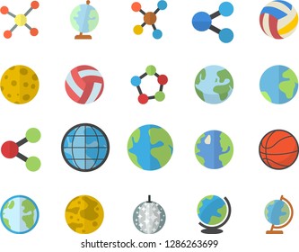 Color flat icon set earth flat vector, molecules, molecule, moon, globe, basketball, volleyball, fector, disco ball