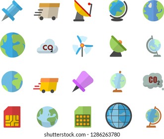 Color flat icon set earth flat vector, carbon dioxide, satellite antenna, SIM card, express delivery, globe, windmill, fector, drawing pin