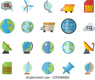 Color flat icon set earth flat vector, carbon dioxide, satellite antenna, SIM card, express delivery, globe, windmill, fector, drawing pin