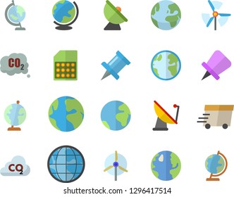 Color flat icon set earth flat vector, carbon dioxide, satellite antenna, SIM card, express delivery, globe, windmill, fector, drawing pin