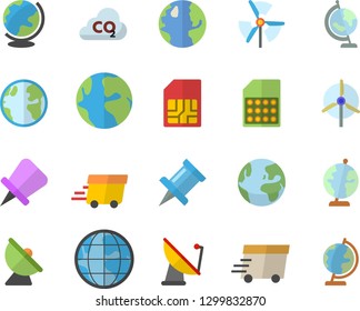 Color flat icon set earth flat vector, carbon dioxide, satellite antenna, SIM card, express delivery, globe, windmill, fector, drawing pin