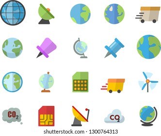 Color flat icon set earth flat vector, carbon dioxide, satellite antenna, SIM card, express delivery, globe, windmill, fector, drawing pin