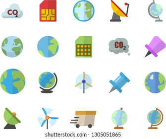 Color flat icon set earth flat vector, carbon dioxide, satellite antenna, SIM card, express delivery, globe, windmill, fector, drawing pin