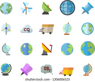 Color flat icon set earth flat vector, carbon dioxide, satellite antenna, express delivery, globe, windmill, fector, drawing pin