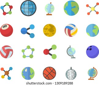 Color flat icon set earth flat vector, molecules, molecule, moon, globe, bowling ball, basketball, volleyball, fector, disco