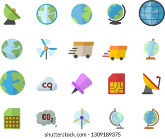 Color flat icon set earth flat vector, carbon dioxide, satellite antenna, SIM card, express delivery, globe, windmill, fector, drawing pin