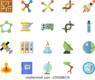 Color flat icon set earth flat vector, satellite antenna, laser, DNA, molecules, molecule, robot hand, rocket, satellit, gas burner, globe, hostory roll, oscilloscope, textbook, beakers, Petri dish