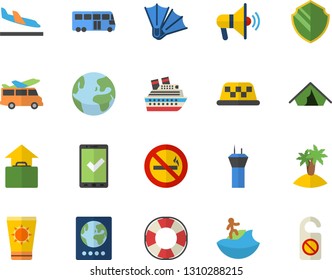 Color flat icon set earth flat fector, bus, airport tower, passport, check in, tent, arrival, hand luggage, sun protection cream, island, surfing, flippers, transfer, mouthpiece, no smoking, taxi