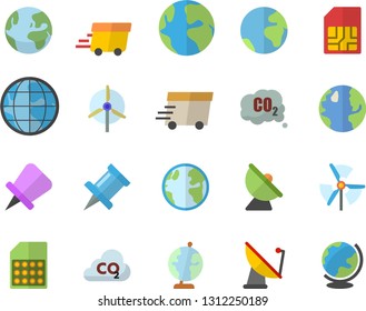 Color flat icon set earth flat vector, carbon dioxide, satellite antenna, SIM card, express delivery, globe, windmill, fector, drawing pin