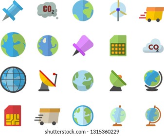 Color flat icon set earth flat vector, carbon dioxide, satellite antenna, SIM card, express delivery, globe, windmill, fector, drawing pin