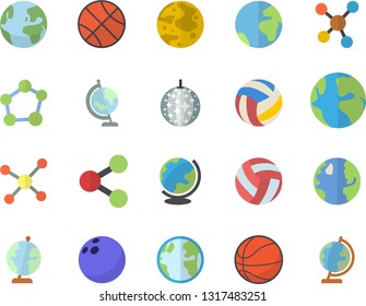 Color flat icon set earth flat vector, molecules, molecule, moon, globe, bowling ball, basketball, volleyball, fector, disco