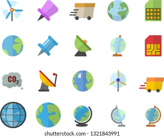 Color flat icon set earth flat vector, carbon dioxide, satellite antenna, SIM card, express delivery, globe, windmill, fector, drawing pin