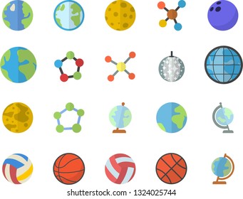Color flat icon set earth flat vector, molecules, molecule, moon, globe, bowling ball, basketball, volleyball, fector, disco