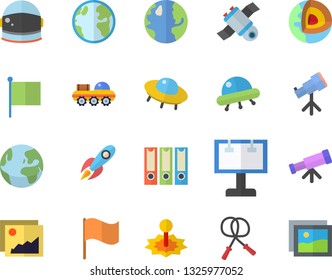 Color flat icon set earth flat vector, laser, billboard, rocket, flag, satellit, lunar rover, ufo, telescope, folders for papers, core of the fector, astronaut helmet, skipping rope, gallery