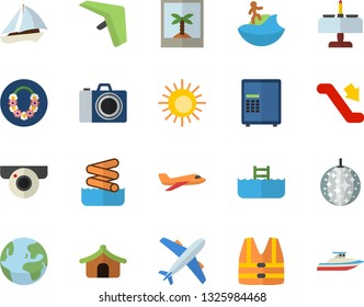 Color flat icon set earth flat fector, aircraft, sailboat, escalator, hang glider, tent, sun, hawaiian wreath, disco ball, surfing, romantic dinner, aquapark, pool, camera, photo, surveillance, safe