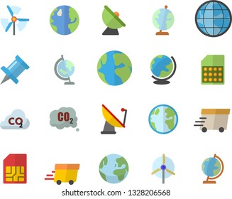 Color flat icon set earth flat vector, carbon dioxide, satellite antenna, SIM card, express delivery, globe, windmill, fector, drawing pin
