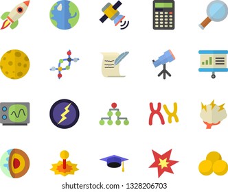 Color flat icon set earth flat vector, laser, chromosomes, rocket, moon, satellit, spark, bachelor cap, hostory roll, oscilloscope, lightning, brainstorm, magnifier, presentaition board, calculator