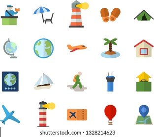 Color flat icon set earth flat vector, lighthouse, globe, aircraft fector, sailboat, airport tower, hike, balloon, passport control, ticket, tent, hand luggage, chaise lounge, island, slippers