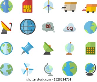 Color flat icon set earth flat vector, carbon dioxide, satellite antenna, SIM card, express delivery, globe, windmill, fector, drawing pin