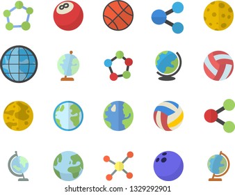 Color flat icon set earth flat vector, molecules, molecule, moon, globe, bowling ball, basketball, volleyball, fector