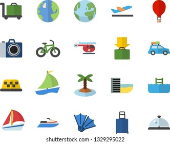 Color flat icon set earth flat vector, sailboat, helicopter, bicycle, fector, car, balloon, hotel first line, departure, get luggage, island, flippers, pool, trolley, camera, water scooter, taxi