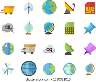 Color flat icon set earth flat vector, carbon dioxide, satellite antenna, SIM card, express delivery, globe, windmill, fector, drawing pin