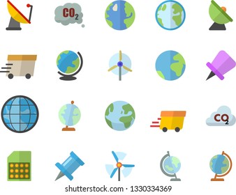 Color flat icon set earth flat vector, carbon dioxide, satellite antenna, SIM card, express delivery, globe, windmill, fector, drawing pin