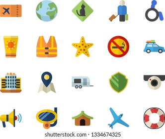Color flat icon set earth flat fector, aircraft, car, trailer, luggage, ticket, tent, sun protection cream, swimming mask, starfish, hotel, pets allowed, location, surveillance camera, mouthpiece