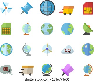 Color flat icon set earth flat vector, carbon dioxide, satellite antenna, SIM card, express delivery, globe, windmill, fector, drawing pin