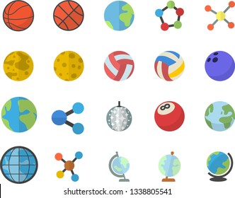 Color flat icon set earth flat vector, molecules, molecule, moon, globe, bowling ball, basketball, volleyball, fector, disco