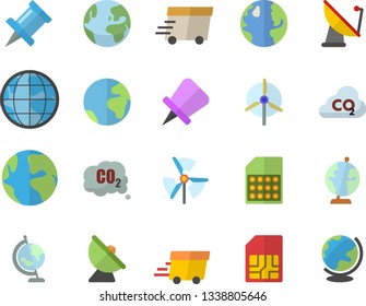 Color flat icon set earth flat vector, carbon dioxide, satellite antenna, SIM card, express delivery, globe, windmill, fector, drawing pin