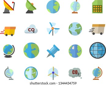 Color flat icon set earth flat vector, carbon dioxide, satellite antenna, SIM card, express delivery, globe, windmill, fector, drawing pin