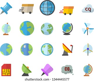 Color flat icon set earth flat vector, carbon dioxide, satellite antenna, SIM card, express delivery, globe, windmill, fector, drawing pin