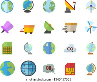 Color flat icon set earth flat vector, carbon dioxide, satellite antenna, SIM card, express delivery, globe, windmill,  , drawing pin