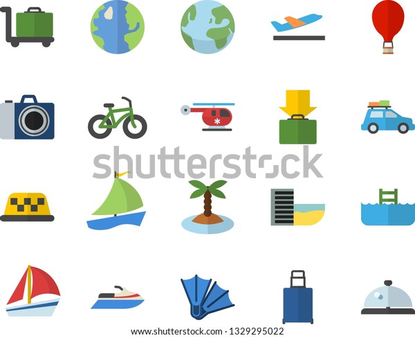 Color flat icon set earth flat vector, sailboat,\
helicopter, bicycle, fector, car, balloon, hotel first line,\
departure, get luggage, island, flippers, pool, trolley, camera,\
water scooter, taxi
