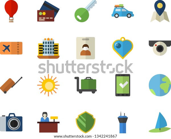 Color flat icon set earth flat fector, car,\
indentity card, airport tower, balloon, luggage, ticket, check in,\
credit, sun, trolley, hotel, camera, location, surveillance,\
security, reception desk