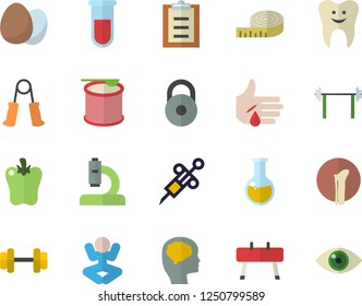 Color flat icon set egg flat vector, bell pepper, blood test, syringe, microscope, medical analysis, injury, tooth, bone fracture, brain fector, dumbbell, barbell, weight, centimeter, yoga, steroids