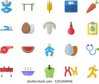 Color flat icon set egg flat vector, watermelon, mushroom, soup, bell pepper, ear, carrot, stethoscope, chromosomes, barbell, whistle, diet, weighing machine, sports equipment horse, pear, yoga, run