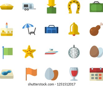 Color flat icon set egg flat vector, cake, pie, chicken, wine, horseshoe, pool, flag, sport bag, trailer fector, suitcase, get luggage, chaise lounge, disco ball, starfish, yacht, bell, calendar