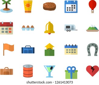 Color flat icon set egg flat vector, canned food, cutlet, cocktail, horseshoe, flag, present, calendar, sport bag, trailer fector, balloon, hand luggage, sun protection cream, island, mountains