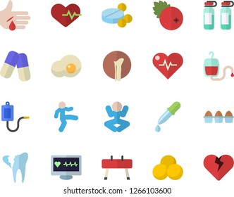 Color flat icon set egg flat vector, scrambled eggs, cranberry, pills, medical warmer, blood transfusion, pipette, computer diagnostics of health, injury, ampoule, broken tooth, bone fracture, yoga